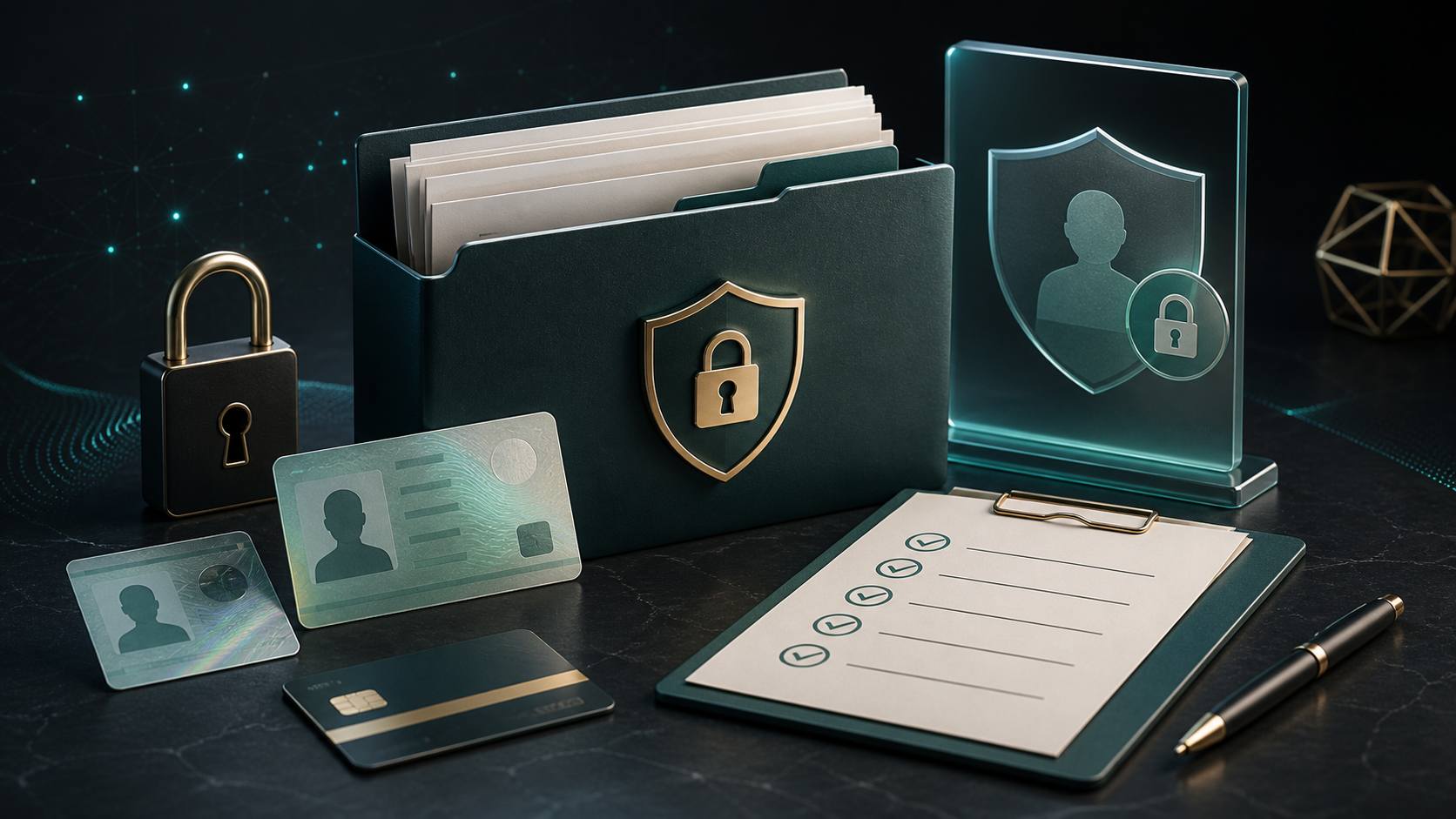 Secure document folder, ID cards and checklist representing casino privacy policy checks before KYC upload