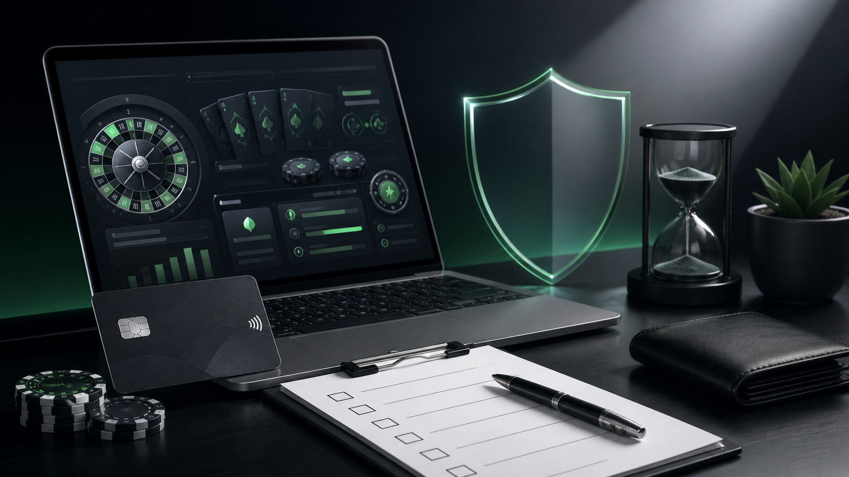 Dark editorial casino desk scene with a secure card, blank checklist and glowing shield for financial risk checks.