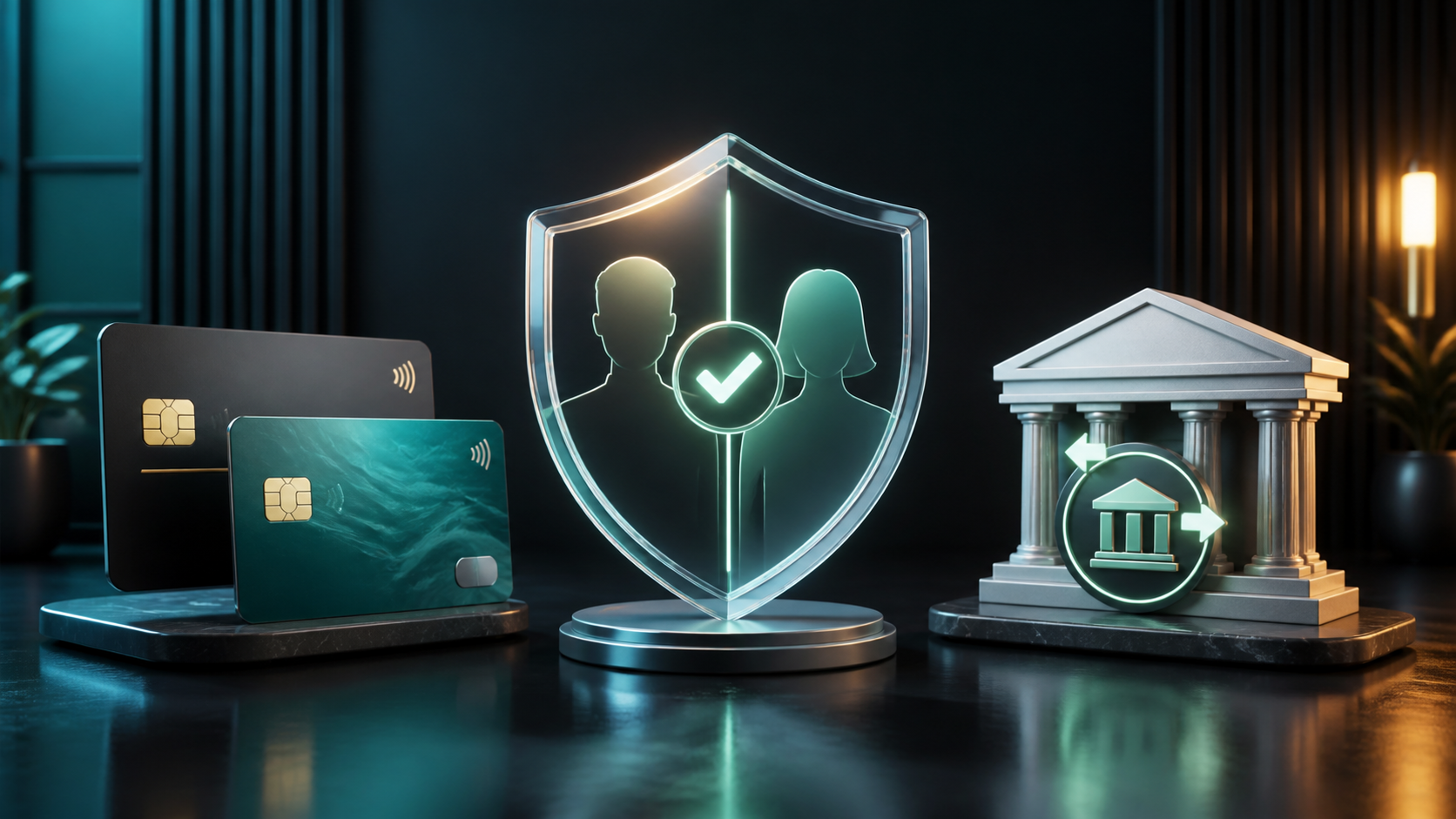 Payment cards, a bank symbol and a verification shield showing casino payment name matching checks.