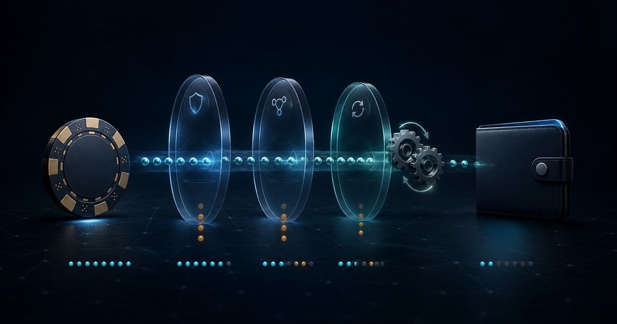 Casino payout passing through fee and exchange-rate checkpoints before reaching a digital wallet