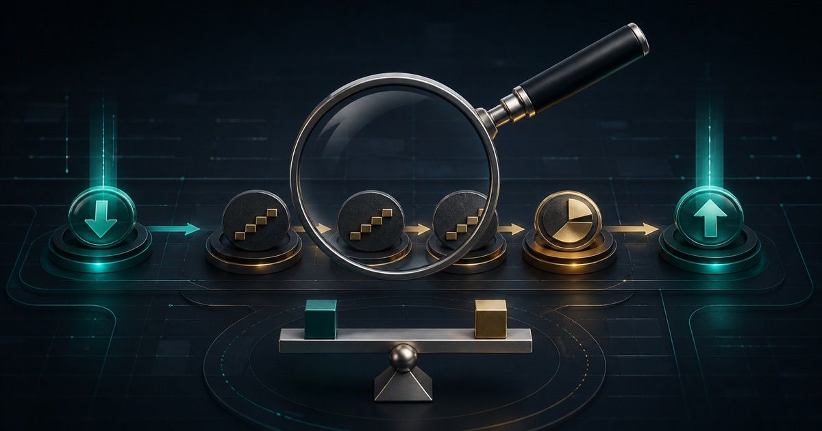 Magnifying glass reviewing an abstract casino transaction ledger and balanced account flow