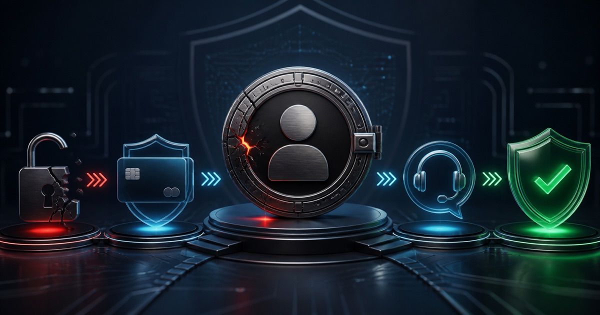 Dark account recovery sequence showing a breached lock, protected payment card, support channel and restored security shield