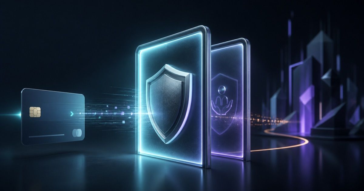 A bank card payment stream stopped by layered protective shields in a dark fintech setting