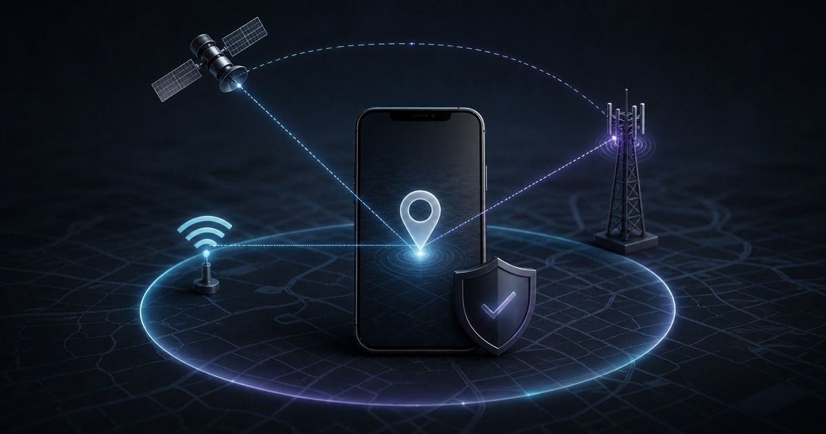 Dark illustration of a secure phone location check inside a protected geofence