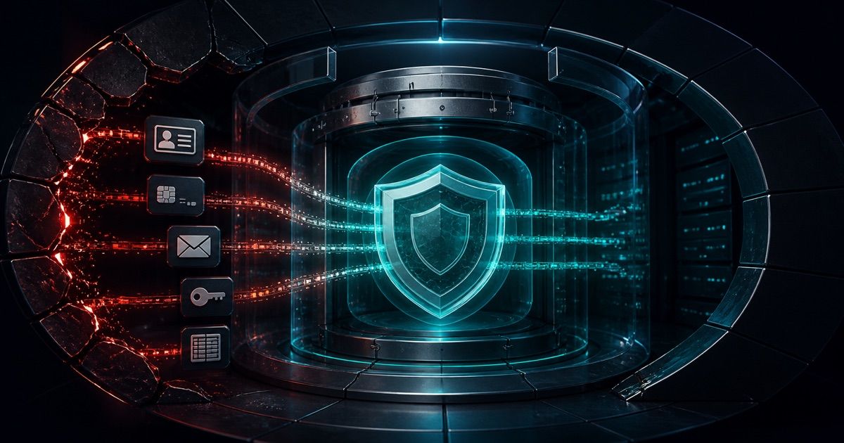 Dark security illustration of a casino data vault breach contained by layered shields