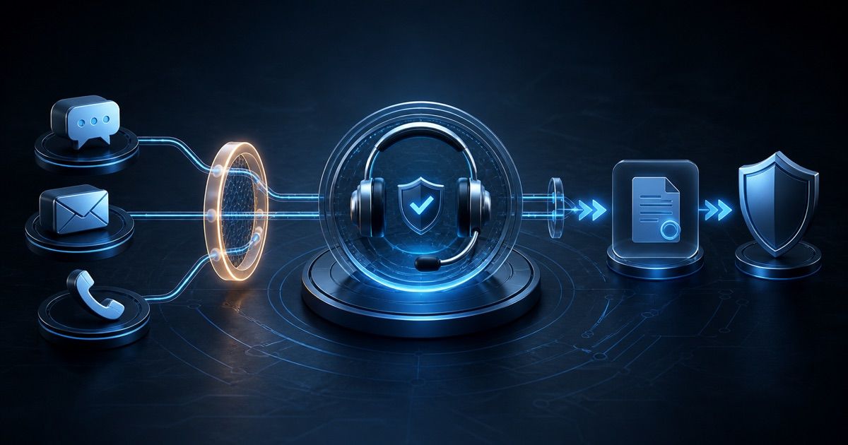 Dark editorial illustration of secure online casino support channels and an escalation path