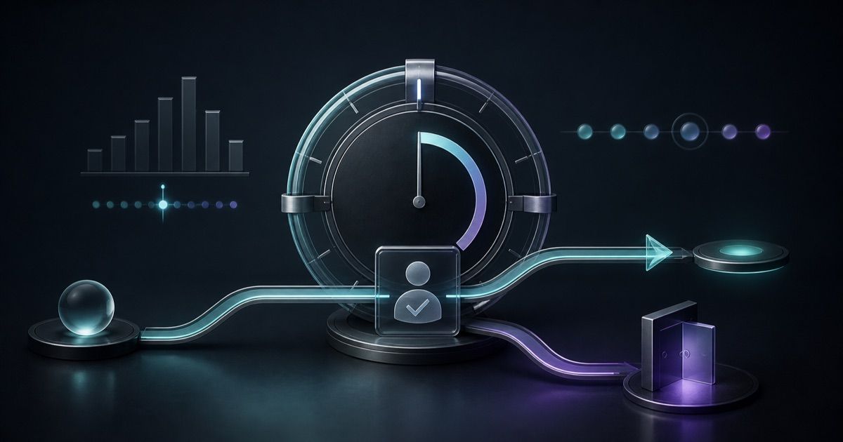 Dark editorial illustration of a session timer crossing an acknowledgement checkpoint with a safe exit route