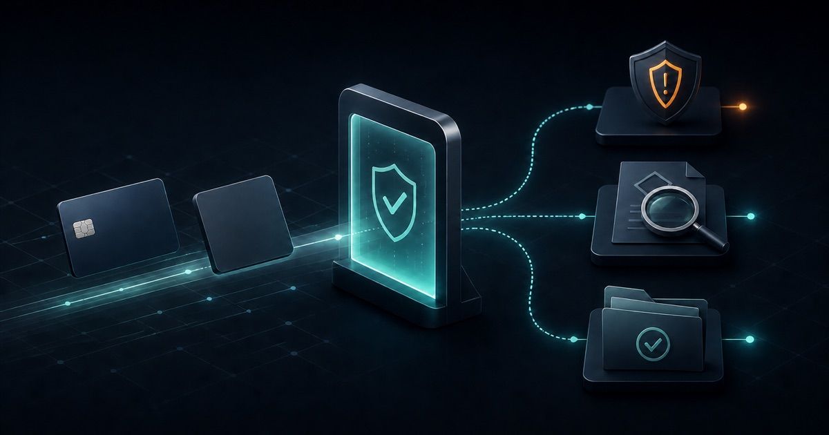 Dark payment security illustration showing a casino card transaction split into evidence-based dispute paths
