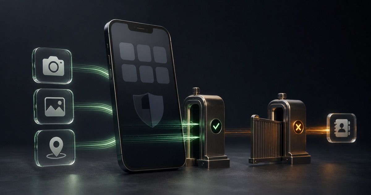 Dark smartphone with camera, photo and location icons passing a permission gate while contact access is blocked.