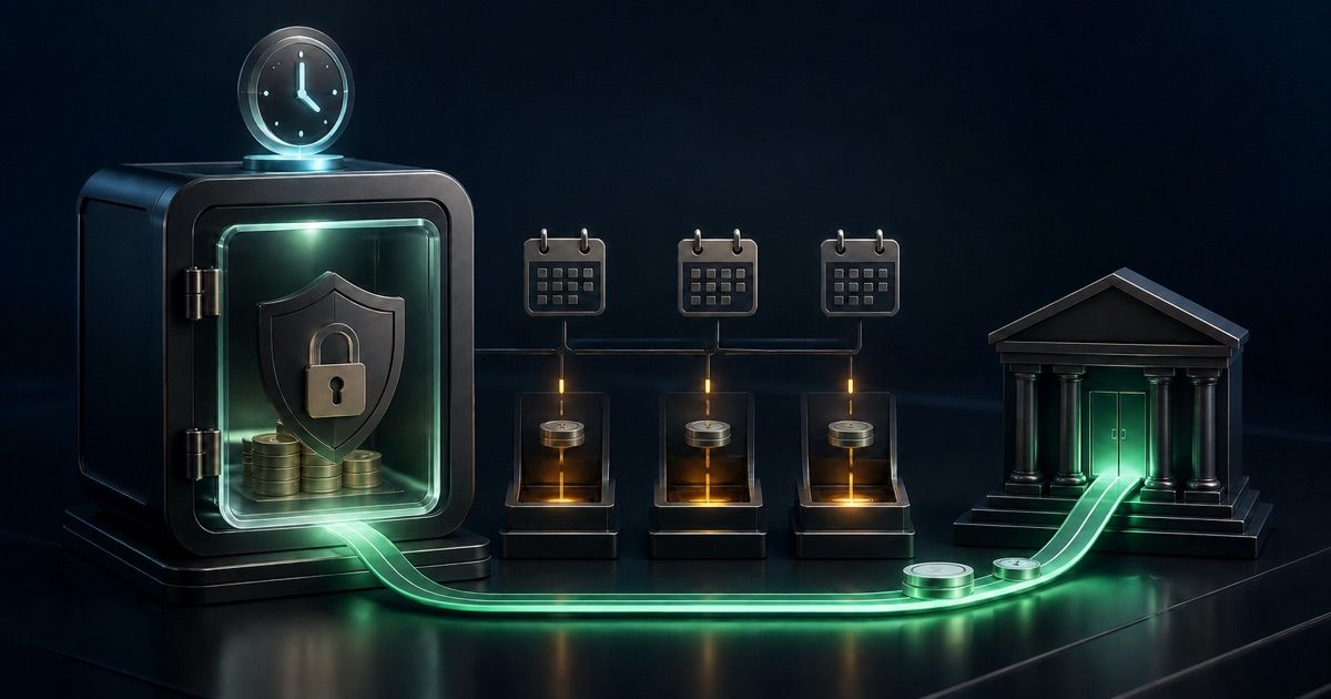 Dark illustration of an inactive casino account balance passing fee checkpoints toward a protected bank withdrawal