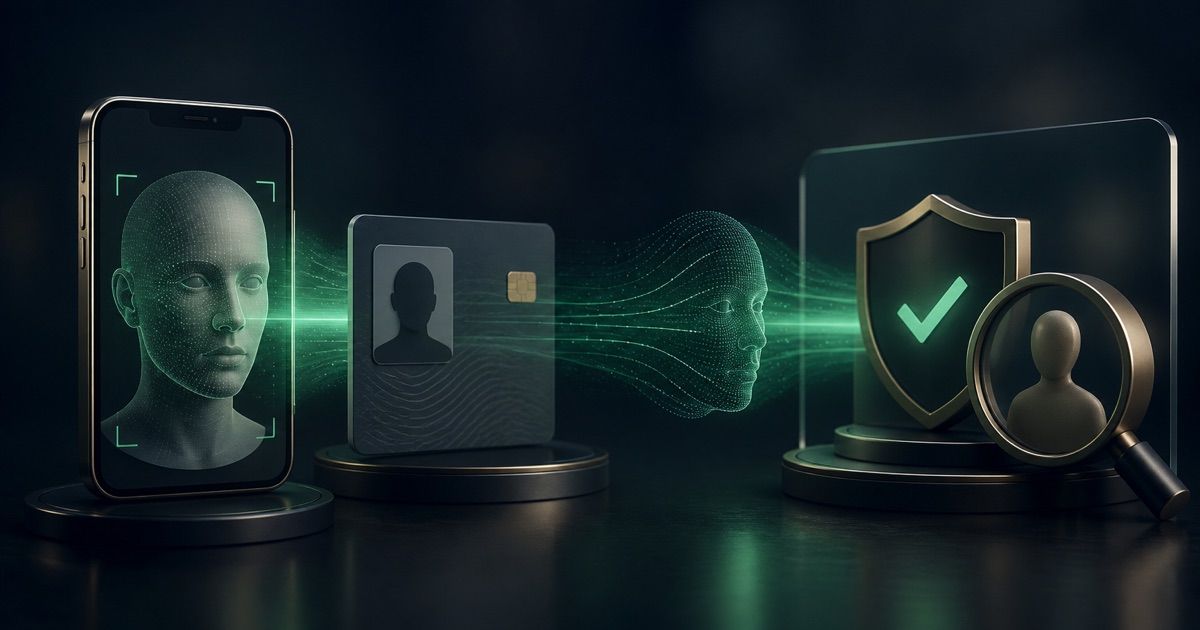 Secure facial verification path with camera, identity card and protected review checkpoint