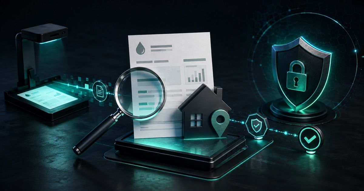 Address document checked beside a house symbol, magnifying lens and security shield