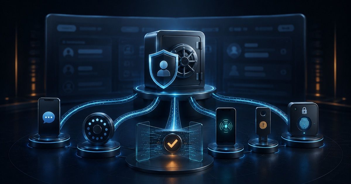 Dark illustration comparing five authentication paths leading to a protected casino account vault