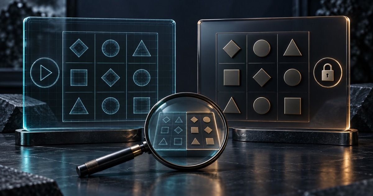 A magnifying glass compares a wireframe practice game panel with a solid panel marked by a padlock.