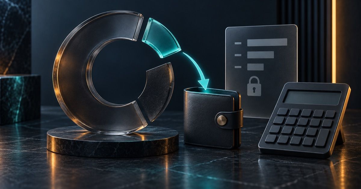 A small teal segment returns to a wallet beside a blank calculator and a locked rules card.