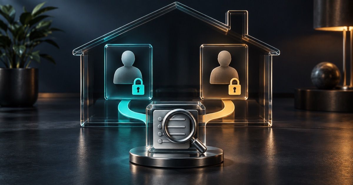 Two separate locked identity cards beneath a shared glass house, with a magnifying lens and rules checkpoint.