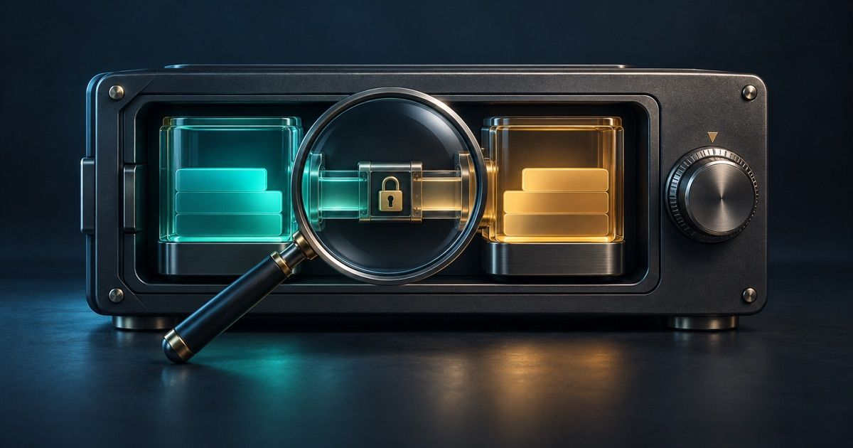 Two separate balance compartments connected by a locked exchange bridge under a magnifying lens.