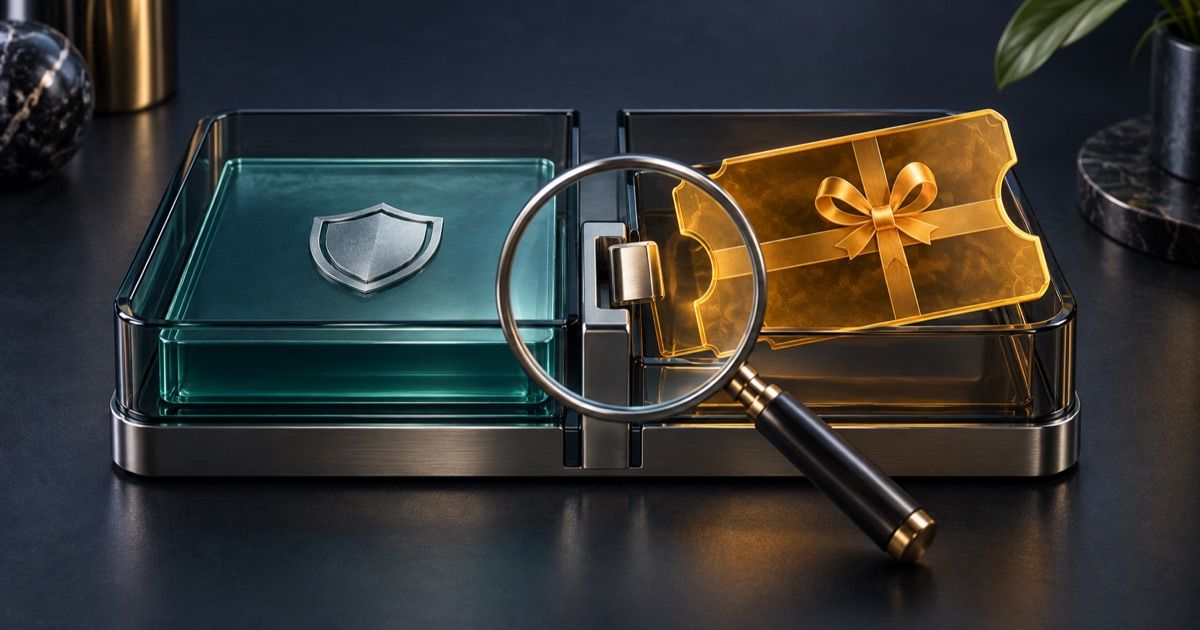 Magnifying glass over a release latch between a teal cash compartment and an amber bonus ticket.